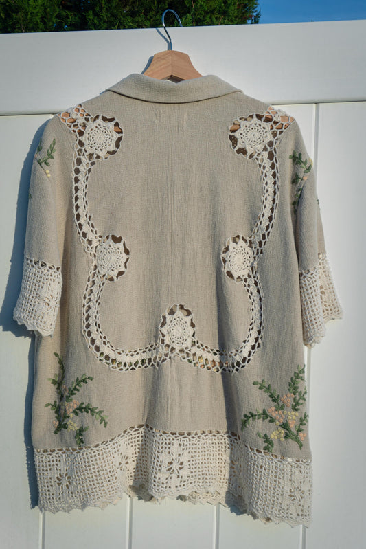 Beige Floral Tablecloth Shirt (Large)